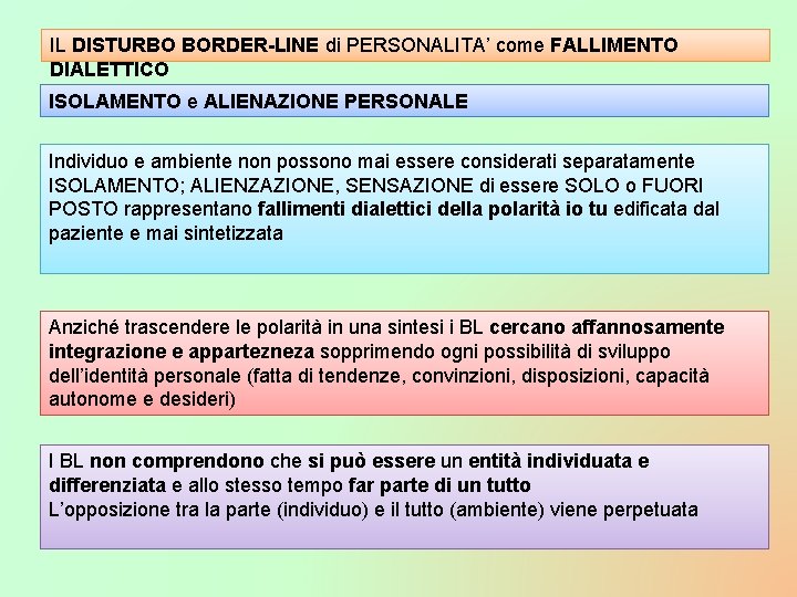 IL DISTURBO BORDER-LINE di PERSONALITA’ come FALLIMENTO DIALETTICO ISOLAMENTO e ALIENAZIONE PERSONALE Individuo e