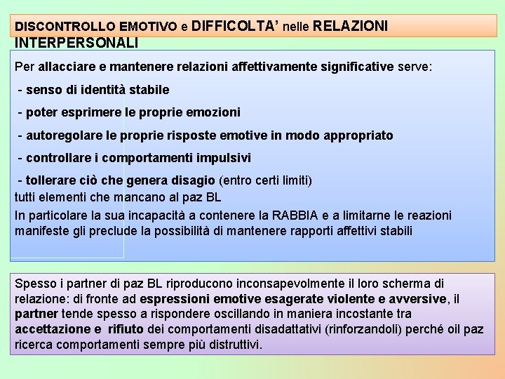 DISCONTROLLO EMOTIVO e COMPORTAMENTI BORDER LINE DISCONTROLLO EMOTIVO e DIFFICOLTA’ nelle RELAZIONI INTERPERSONALI Per