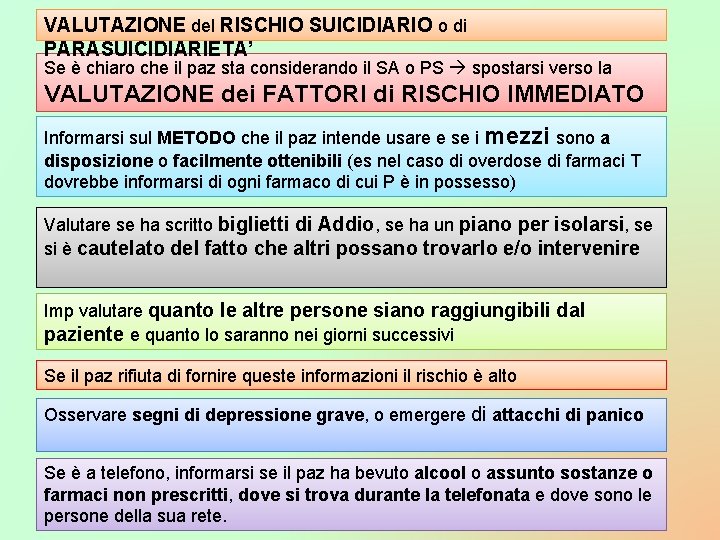 VALUTAZIONE del RISCHIO SUICIDIARIO o di PARASUICIDIARIETA’ Se è chiaro che il paz sta