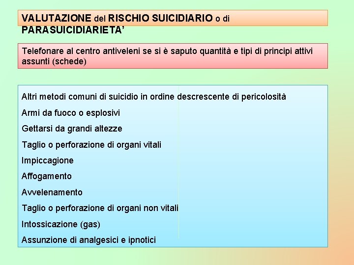 VALUTAZIONE del RISCHIO SUICIDIARIO o di PARASUICIDIARIETA’ Telefonare al centro antiveleni se si è