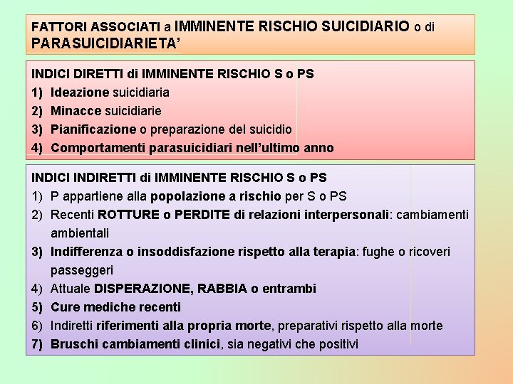 FATTORI ASSOCIATI a IMMINENTE RISCHIO SUICIDIARIO o di PARASUICIDIARIETA’ INDICI DIRETTI di IMMINENTE RISCHIO