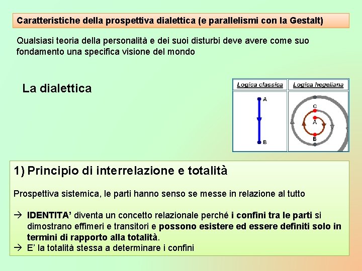 Caratteristiche della prospettiva dialettica (e parallelismi con la Gestalt) Qualsiasi teoria della personalità e