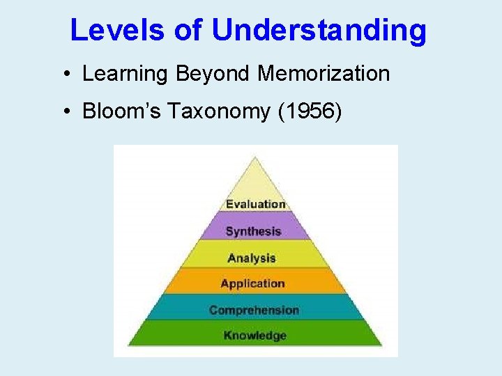 Levels of Understanding • Learning Beyond Memorization • Bloom’s Taxonomy (1956) 