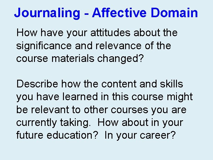 Journaling - Affective Domain How have your attitudes about the significance and relevance of