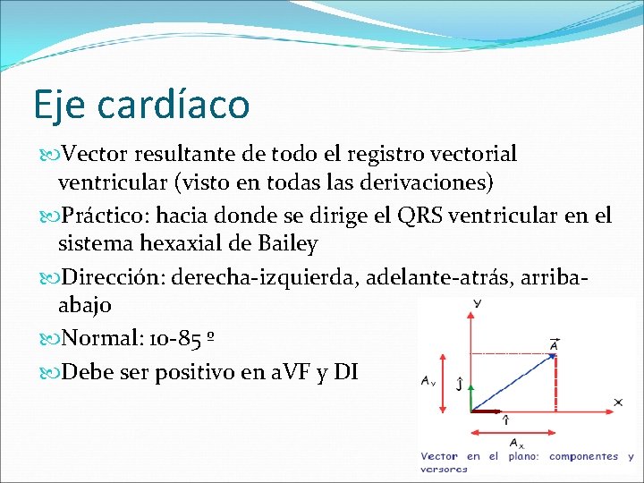 Eje cardíaco Vector resultante de todo el registro vectorial ventricular (visto en todas las