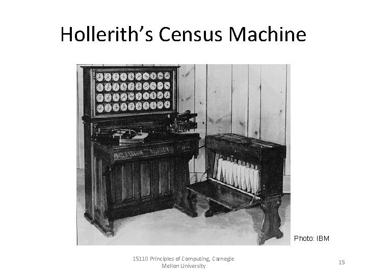 Hollerith’s Census Machine Photo: IBM 15110 Principles of Computing, Carnegie Mellon University 15 