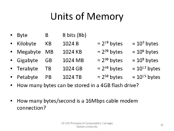 Units of Memory • • Byte B 8 bits (8 b) Kilobyte KB 1024