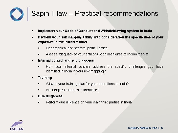 Sapin II law – Practical recommendations § Implement your Code of Conduct and Whistleblowing