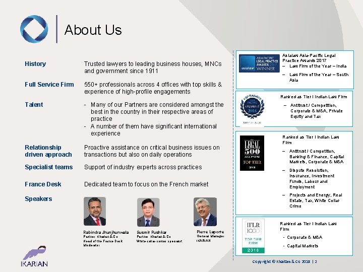 About Us History Full Service Firm Talent Trusted lawyers to leading business houses, MNCs