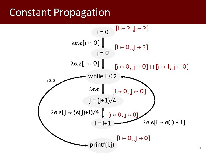 Constant Propagation [i ? , j ? ] i = 0 e. e[i 0]