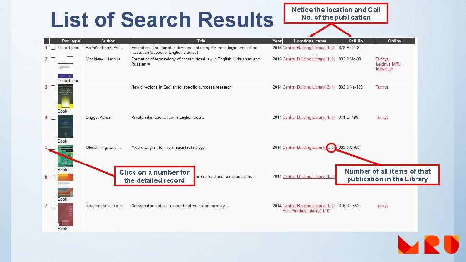 List of Search Results Click on a number for the detailed record Notice the