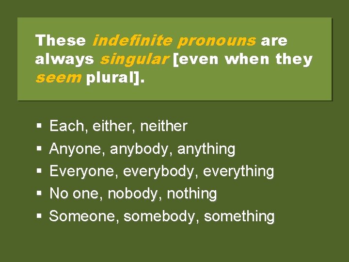 These indefinite pronouns are always singular [even when they seem plural]. Each, either, neither