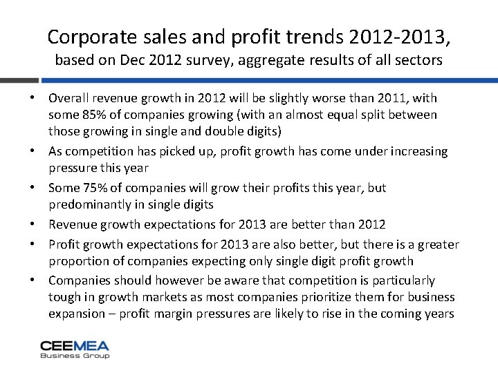 Corporate sales and profit trends 2012 -2013, based on Dec 2012 survey, aggregate results