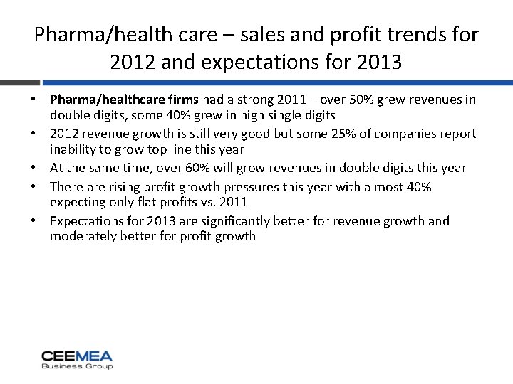Pharma/health care – sales and profit trends for 2012 and expectations for 2013 •