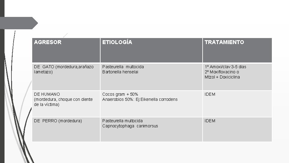 AGRESOR ETIOLOGÍA TRATAMIENTO DE GATO (mordedura, arañazo lametazo) Pasteurella multocida Bartonella henselai 1º Amoxi/clav