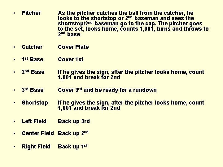  • Pitcher As the pitcher catches the ball from the catcher, he looks