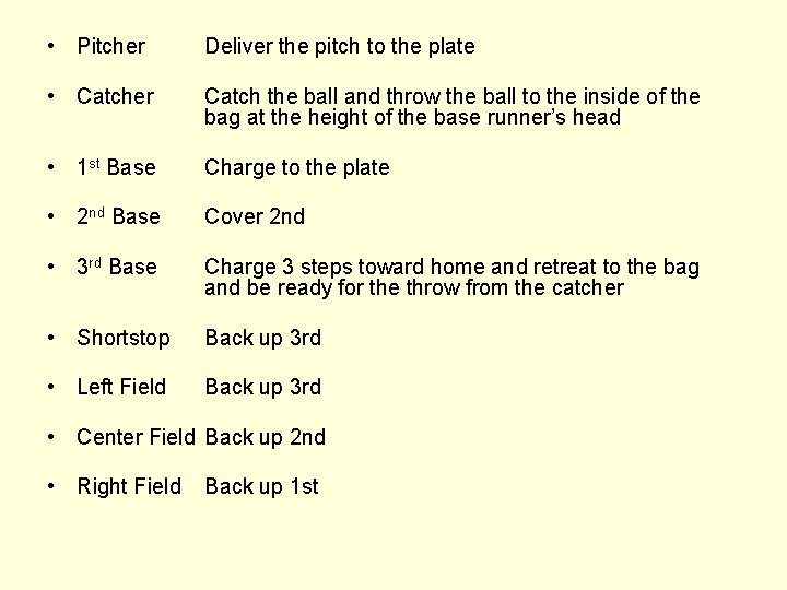  • Pitcher Deliver the pitch to the plate • Catcher Catch the ball