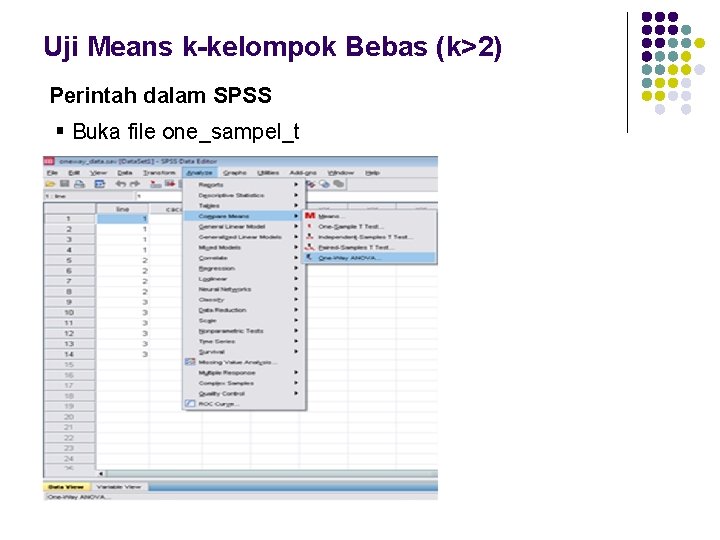 Uji Means k-kelompok Bebas (k>2) Perintah dalam SPSS § Buka file one_sampel_t 