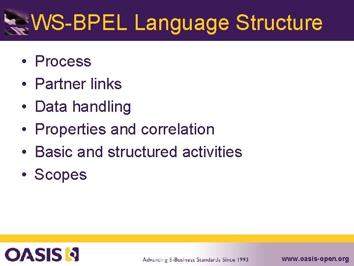 WS-BPEL Language Structure • • • Process Partner links Data handling Properties and correlation