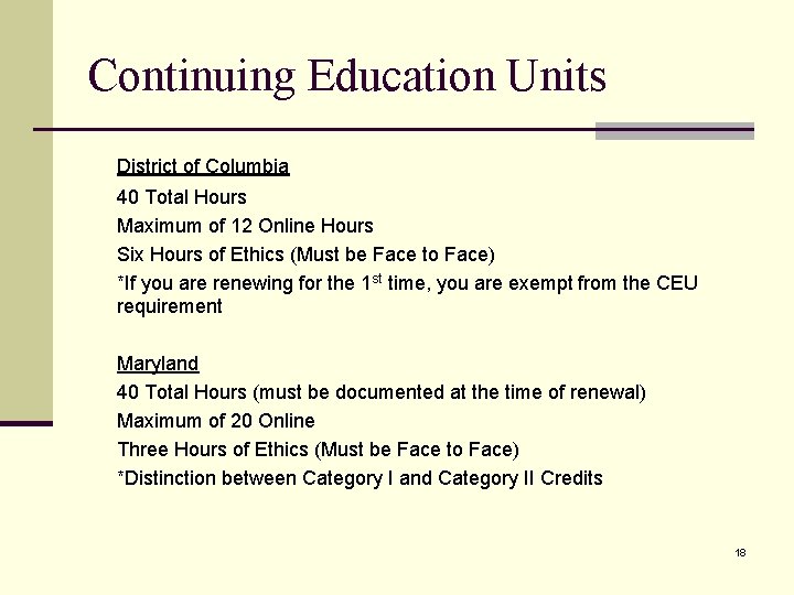 Continuing Education Units District of Columbia 40 Total Hours Maximum of 12 Online Hours