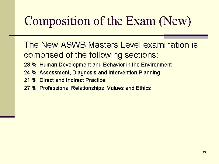 Composition of the Exam (New) The New ASWB Masters Level examination is comprised of