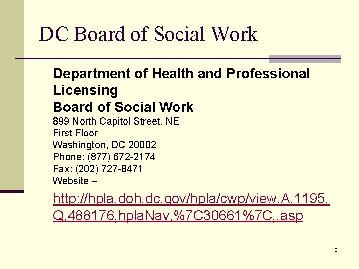 DC Board of Social Work Department of Health and Professional Licensing Board of Social