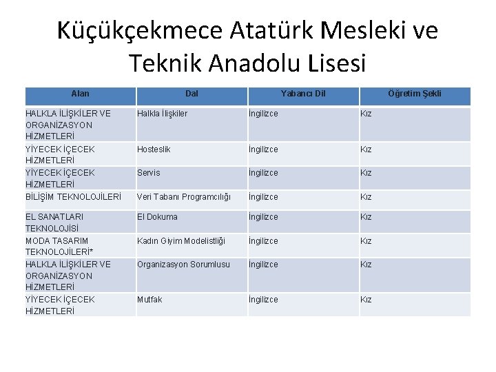 Küçükçekmece Atatürk Mesleki ve Teknik Anadolu Lisesi Alan Dal Yabancı Dil Öğretim Şekli HALKLA