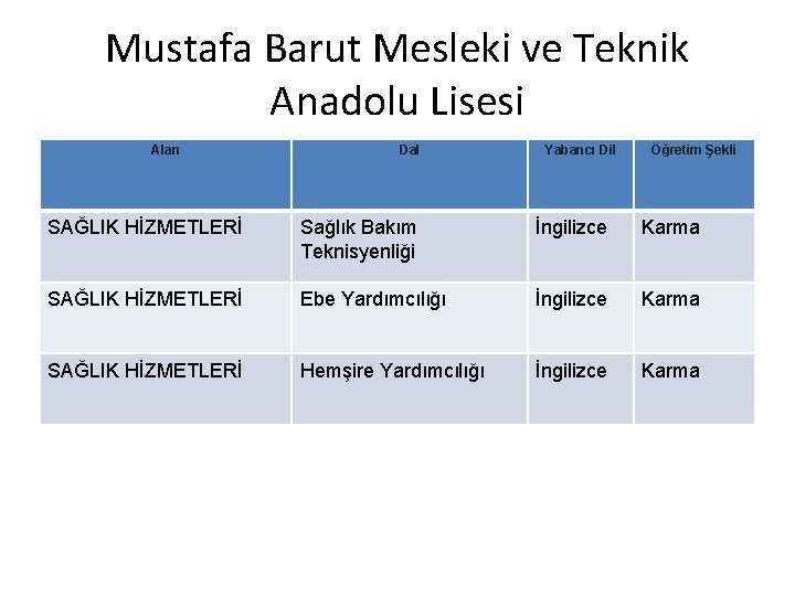 Mustafa Barut Mesleki ve Teknik Anadolu Lisesi Alan Dal Yabancı Dil Öğretim Şekli SAĞLIK
