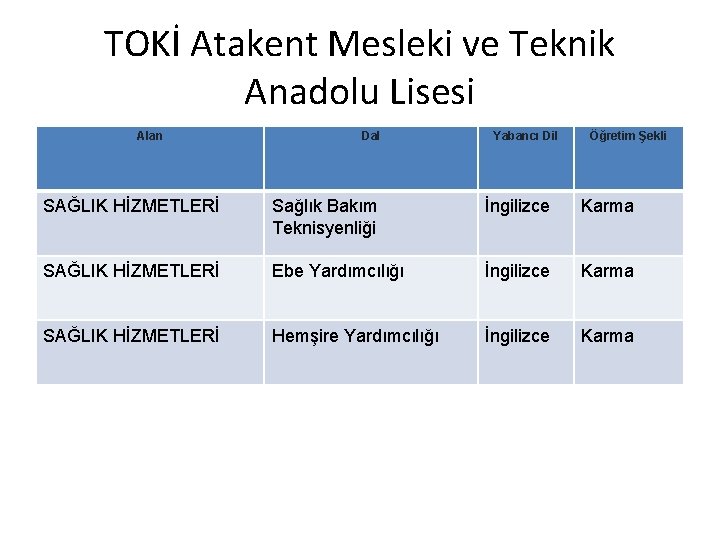 TOKİ Atakent Mesleki ve Teknik Anadolu Lisesi Alan Dal Yabancı Dil Öğretim Şekli SAĞLIK