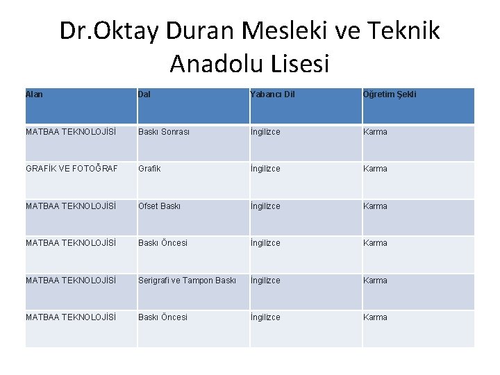 Dr. Oktay Duran Mesleki ve Teknik Anadolu Lisesi Alan Dal Yabancı Dil Öğretim Şekli