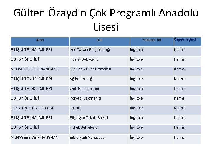 Gülten Özaydın Çok Programlı Anadolu Lisesi Alan Dal Yabancı Dil Öğretim Şekli BİLİŞİM TEKNOLOJİLERİ