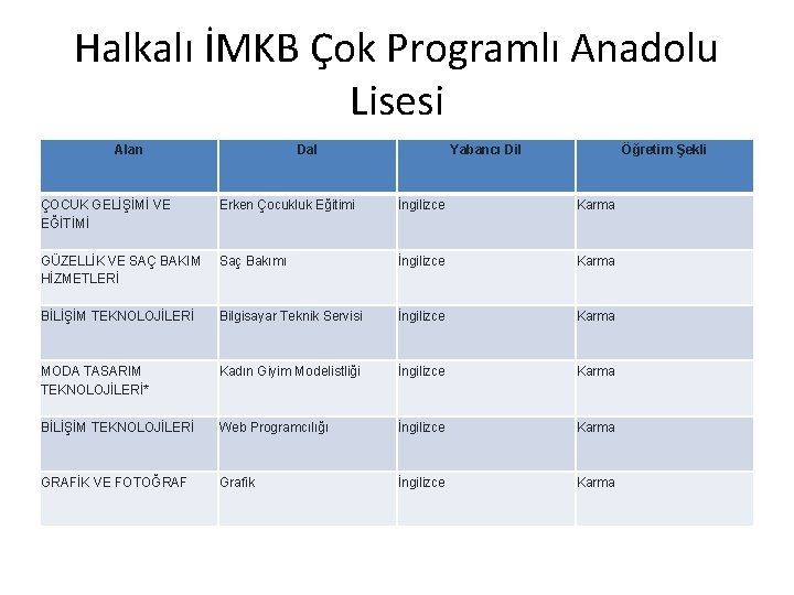 Halkalı İMKB Çok Programlı Anadolu Lisesi Alan Dal Yabancı Dil Öğretim Şekli ÇOCUK GELİŞİMİ