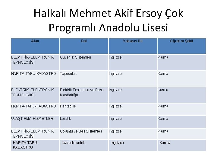 Halkalı Mehmet Akif Ersoy Çok Programlı Anadolu Lisesi Alan Dal Yabancı Dil Öğretim Şekli