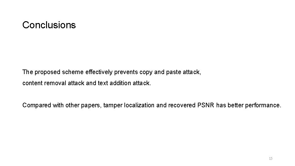 Conclusions The proposed scheme effectively prevents copy and paste attack, content removal attack and