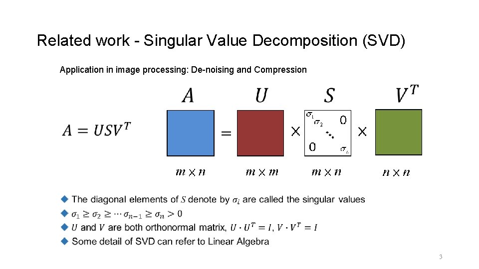 Related work - Singular Value Decomposition (SVD) Application in image processing: De-noising and Compression