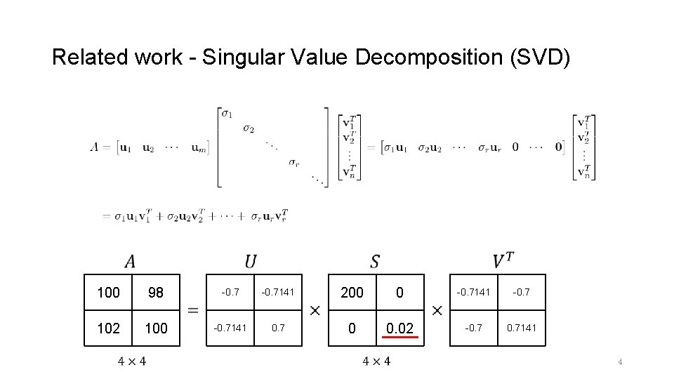 Related work - Singular Value Decomposition (SVD) 100 98 -0. 7141 200 0 -0.