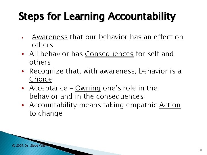 Steps for Learning Accountability • • • Awareness that our behavior has an effect
