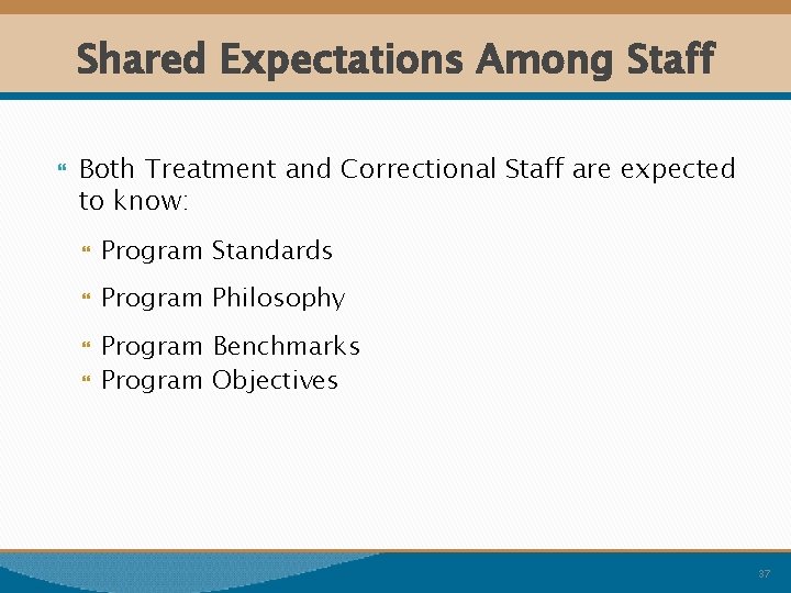 Shared Expectations Among Staff Both Treatment and Correctional Staff are expected to know: Program