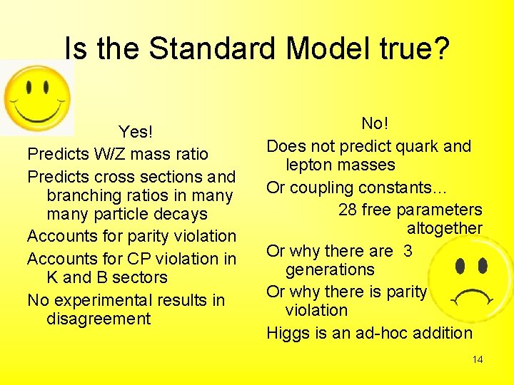 Is the Standard Model true? Yes! Predicts W/Z mass ratio Predicts cross sections and