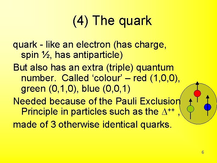 (4) The quark - like an electron (has charge, spin ½, has antiparticle) But