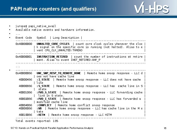 PAPI native counters (and qualifiers) • • • juropa$ papi_native_avail Available native events and