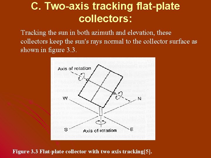 C. Two-axis tracking flat-plate collectors: Tracking the sun in both azimuth and elevation, these