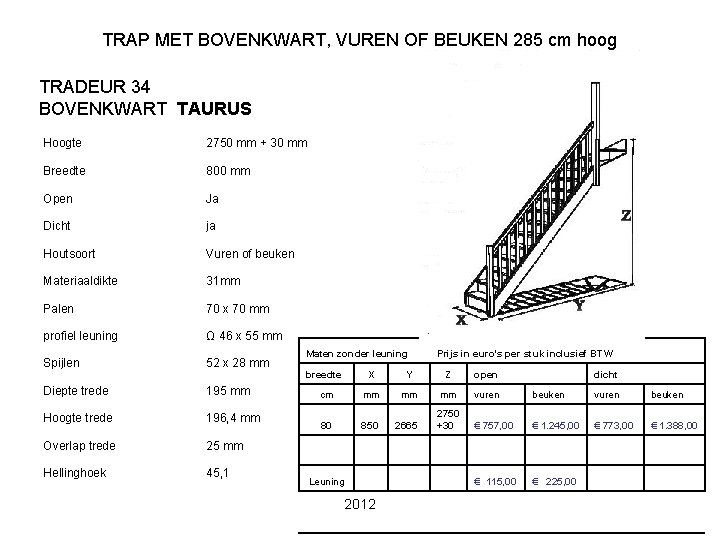 TRAP MET BOVENKWART, VUREN OF BEUKEN 285 cm hoog TRADEUR 34 BOVENKWART TAURUS Hoogte