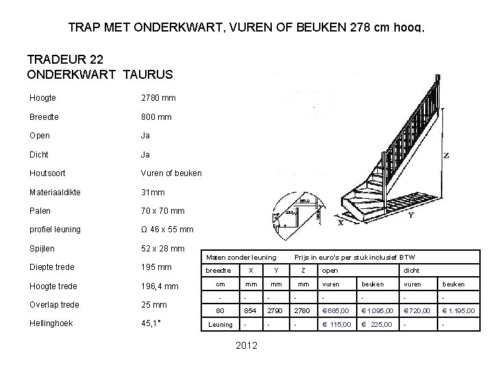 TRAP MET ONDERKWART, VUREN OF BEUKEN 278 cm hoog, TRADEUR 22 ONDERKWART TAURUS Hoogte