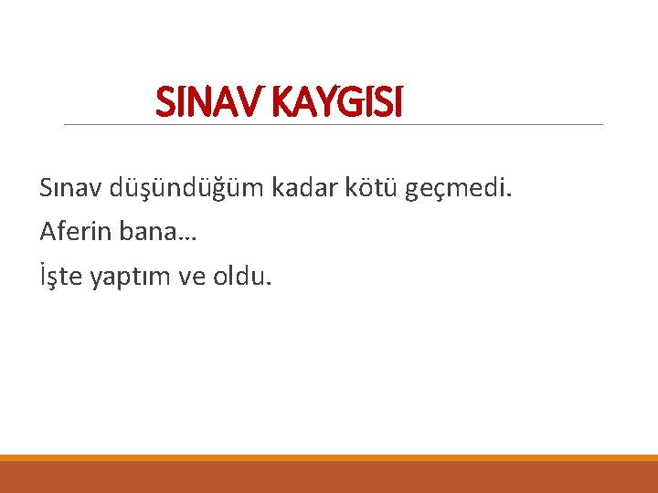 SINAV KAYGISI Sınav düşündüğüm kadar kötü geçmedi. Aferin bana… İşte yaptım ve oldu. 