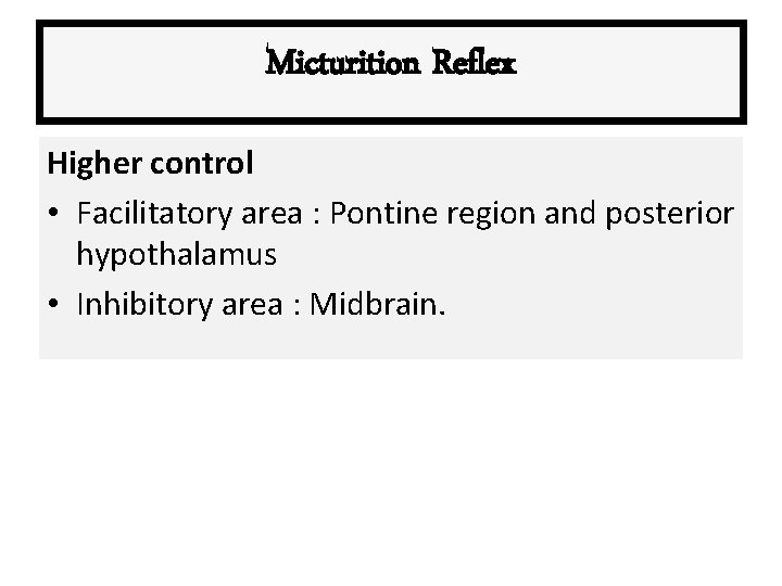 Micturition Reflex Higher control • Facilitatory area : Pontine region and posterior hypothalamus •