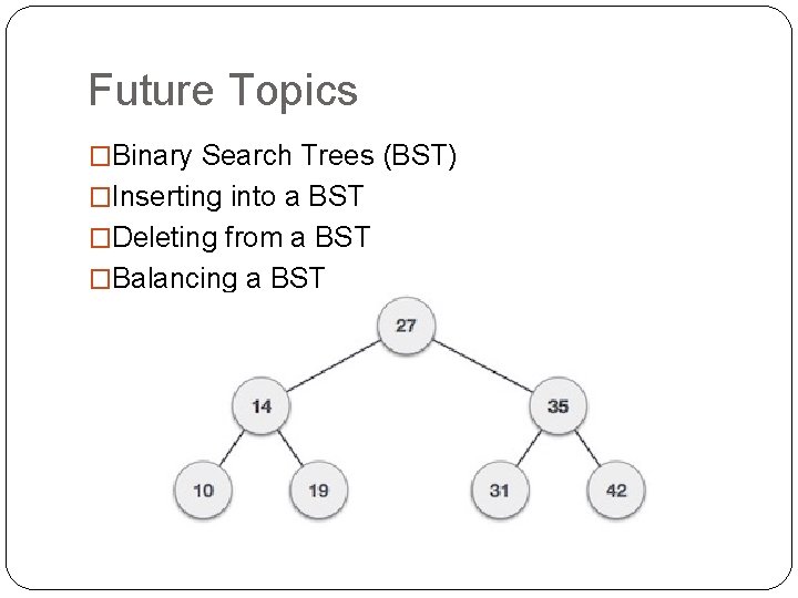 Future Topics �Binary Search Trees (BST) �Inserting into a BST �Deleting from a BST