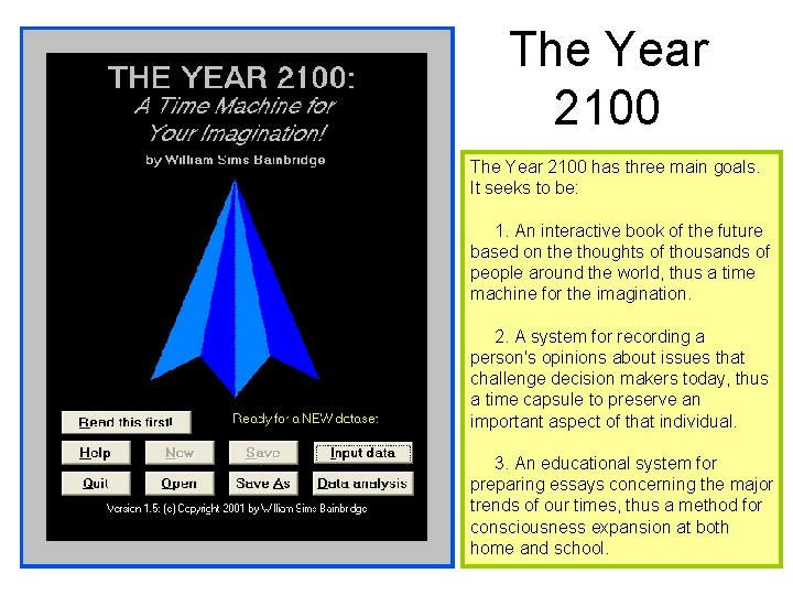 The Year 2100 has three main goals. It seeks to be: 1. An interactive