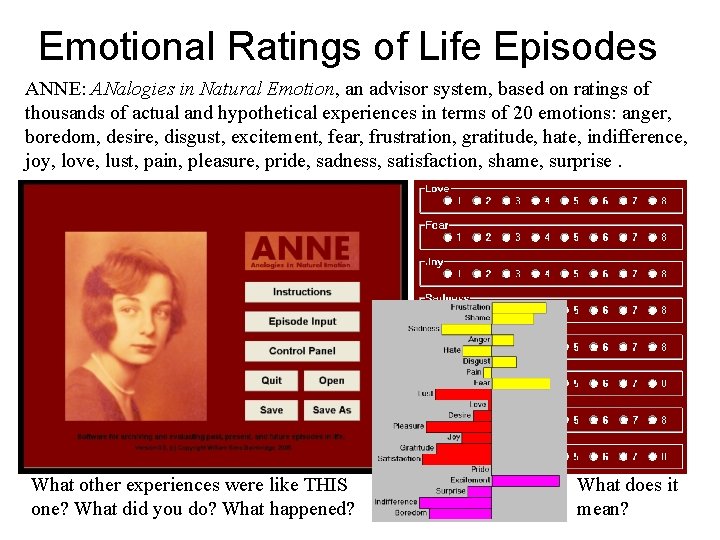 Emotional Ratings of Life Episodes ANNE: ANalogies in Natural Emotion, an advisor system, based