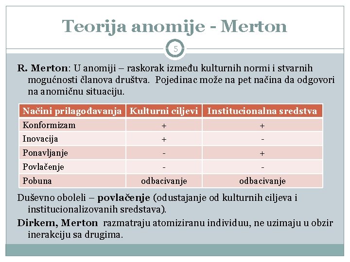 Teorija anomije - Merton 5 R. Merton: U anomiji – raskorak između kulturnih normi